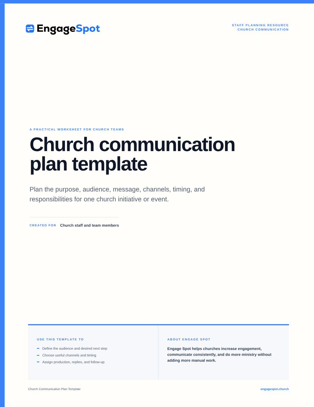 Cover of the Engage Spot Church Communication Plan Template