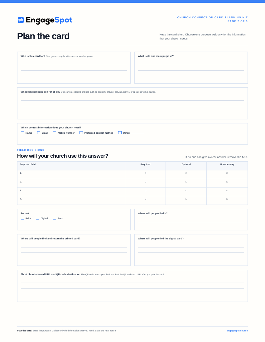 Page 2 worksheet for planning the purpose, fields, format, short URL, and QR code