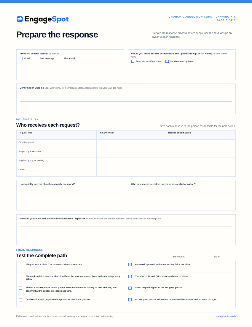 Page 3 worksheet for contact choices, response routing, and final tests