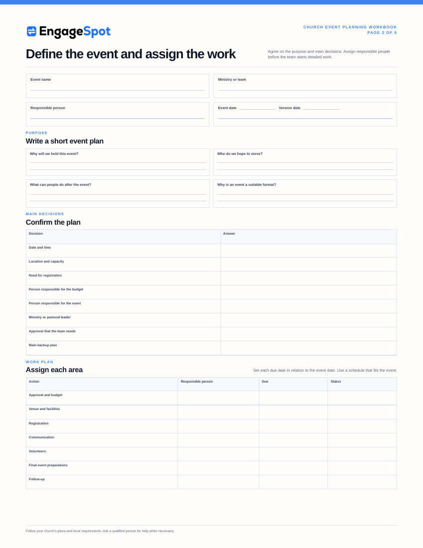 Page 2 worksheet for defining the church event and assigning the work