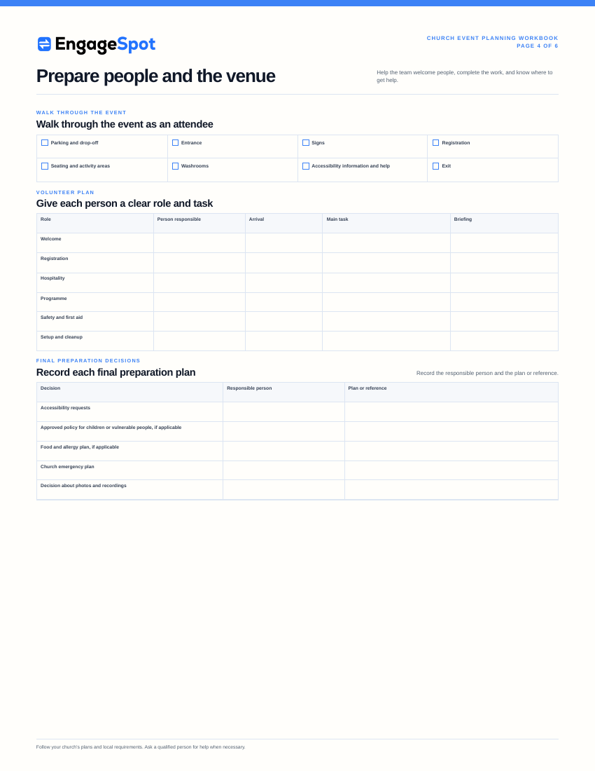 Page 4 worksheet for preparing the event team and venue