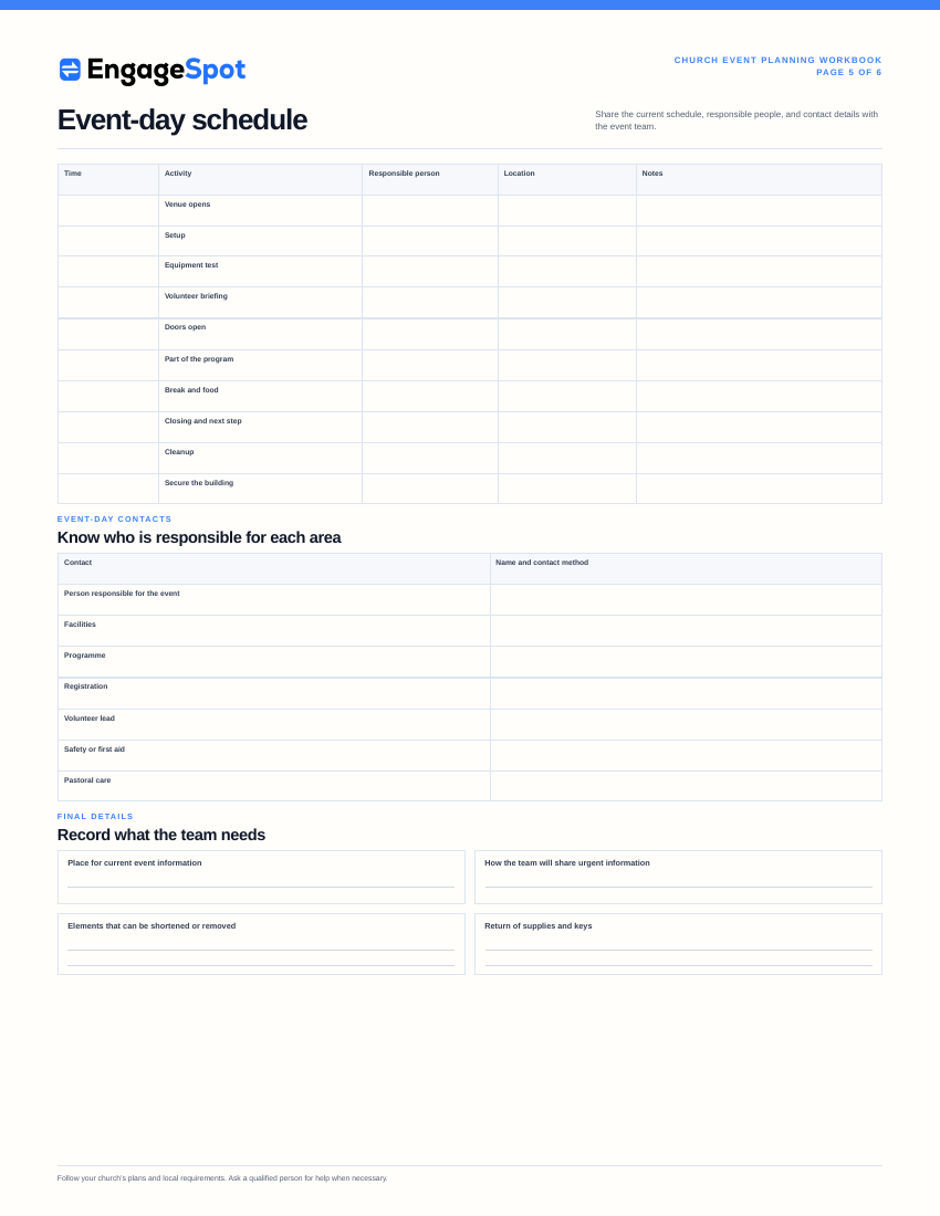 Page 5 event-day schedule and contact worksheet