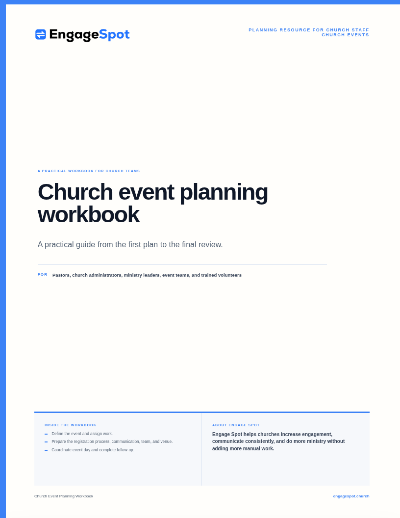 Cover of the Engage Spot Church Event Planning Workbook