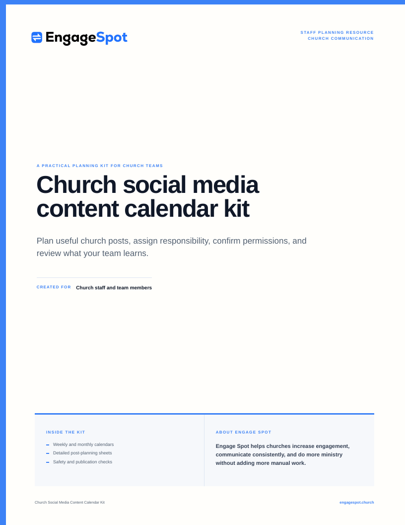 Cover of the Engage Spot Church Social Media Content Calendar Kit