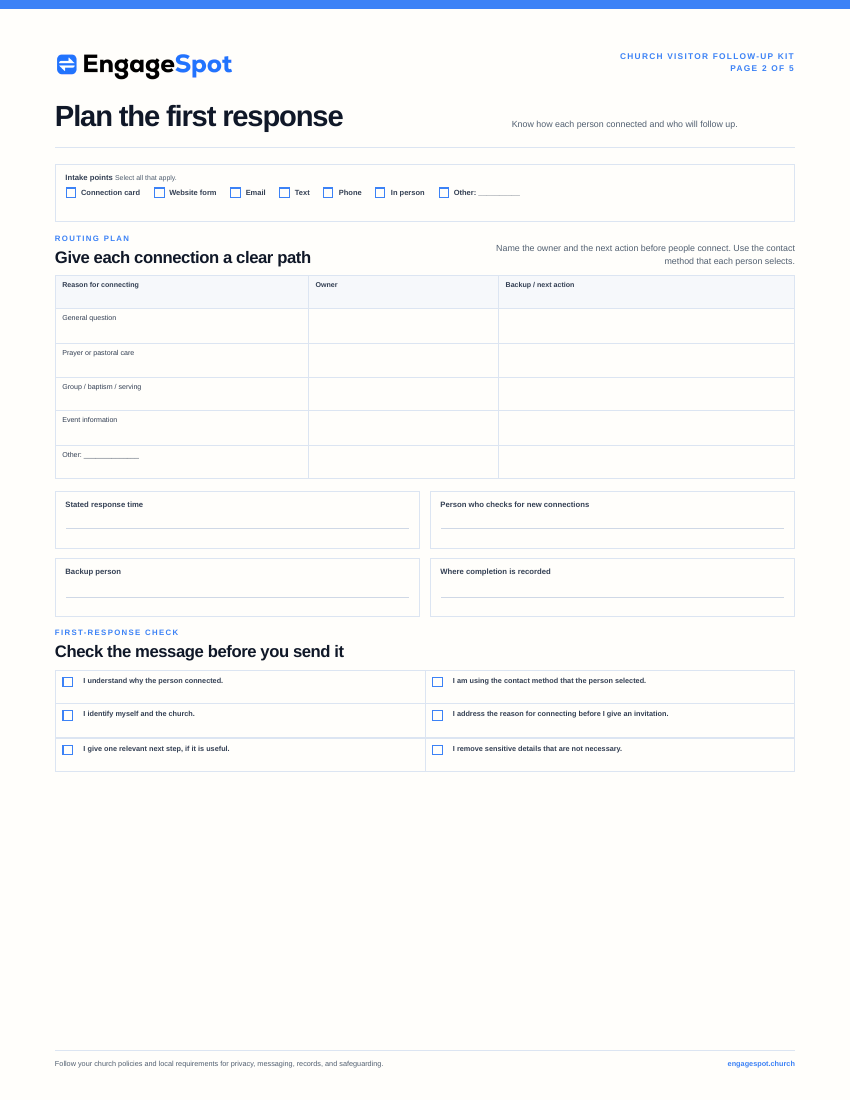 Page 2 worksheet for planning the first visitor follow-up response