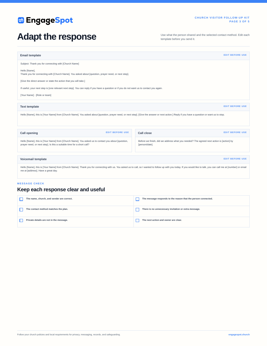 Page 3 worksheet with adaptable email, text, and call responses