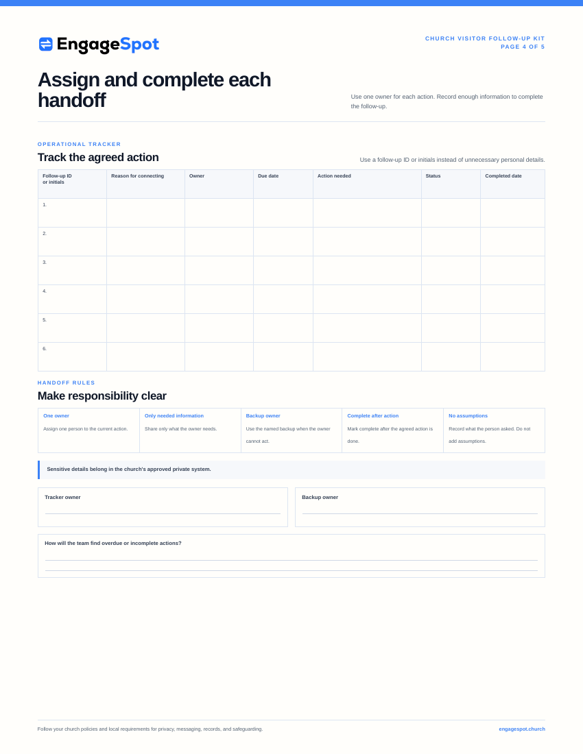 Page 4 worksheet for assigning and completing ministry handoffs
