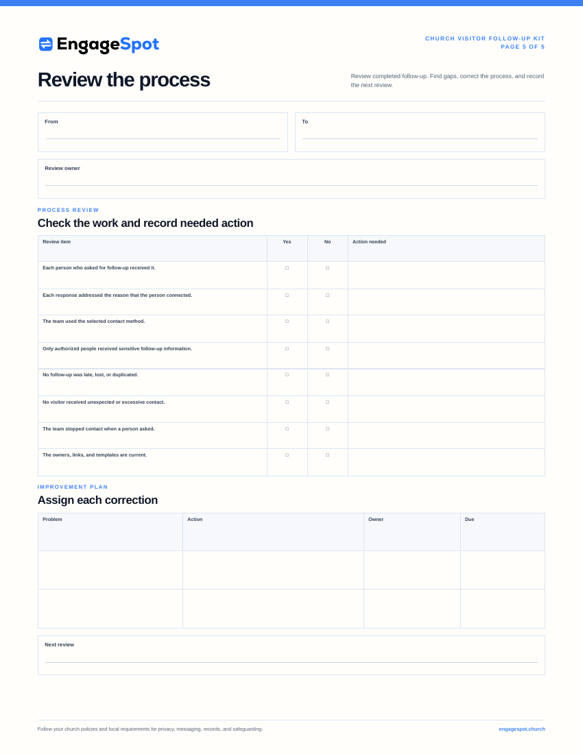 Page 5 worksheet for reviewing the visitor follow-up process